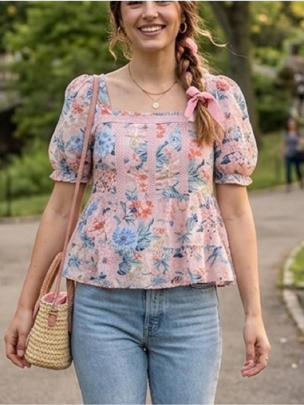 Loft pink floral square neck peplum lace top, XL